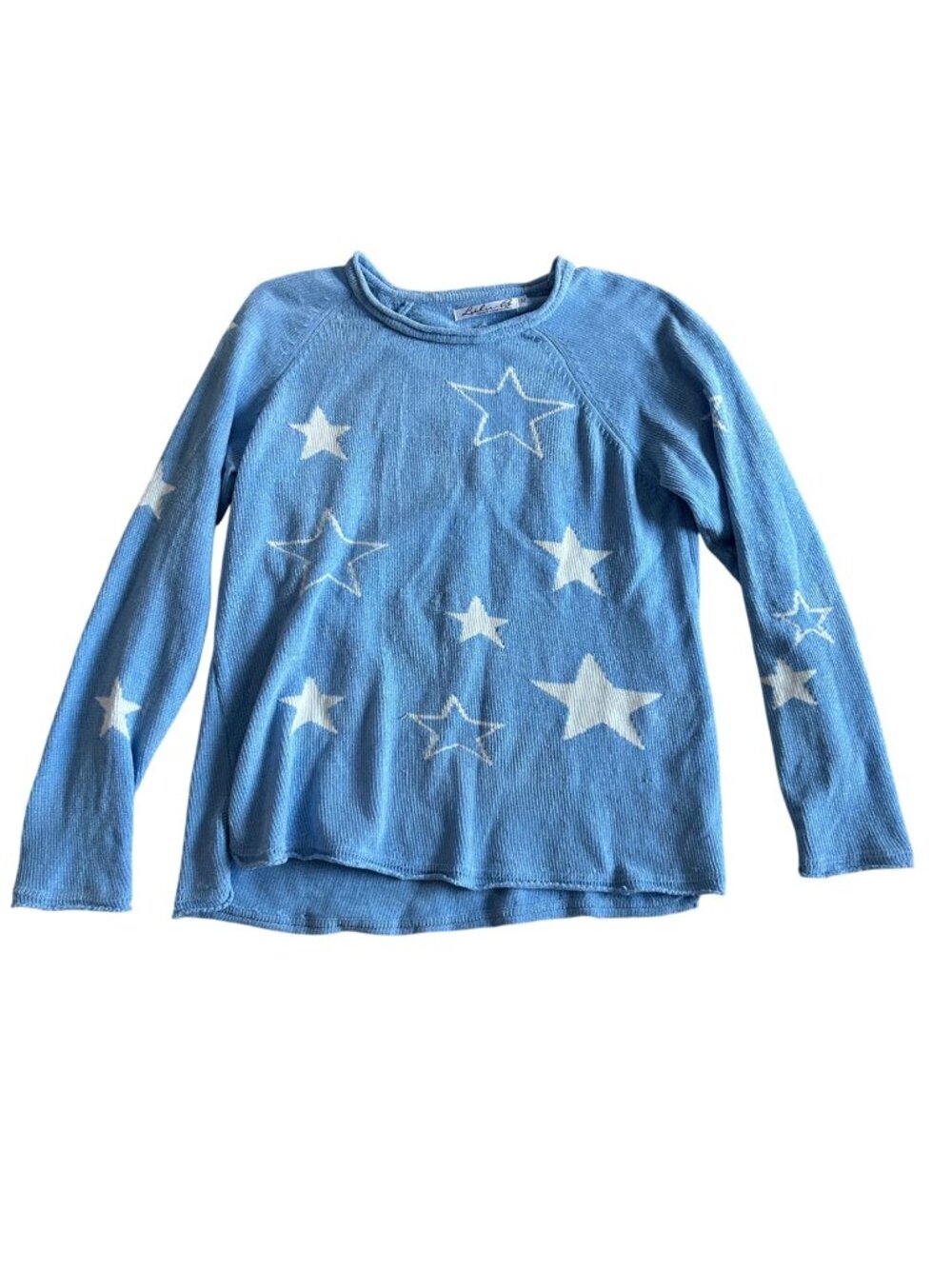 Lulu-B Womens Sz Medium Blue Star Print Long Sleeve Waffle Knit Top